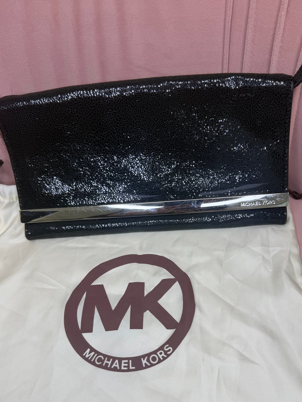 Michael Kors Black Tilda Shimmer Embossed Leather Clutch Shoulder Bag Bag